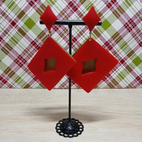 Large Red & Gold Tone Plastic Book Stud Earrings Vintage Jewelry #91 - Picture 2 of 11